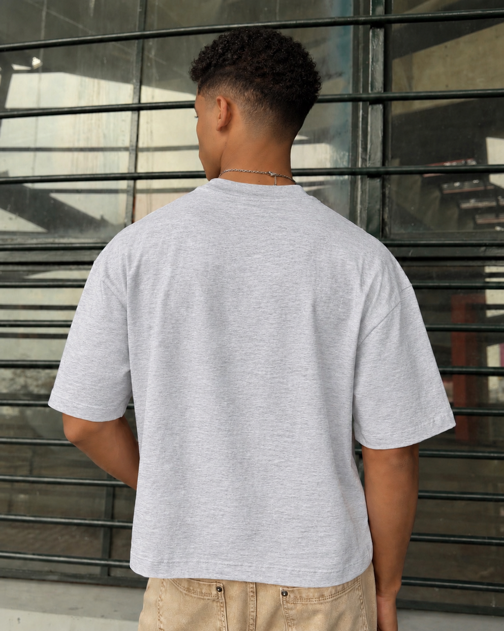 Polera Boxy Fit Gris Melange 220 GSM - segunda vista espalda